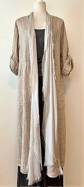 Long Italian Linen and Silk Duster Jacket With Frayed Edges, Beige