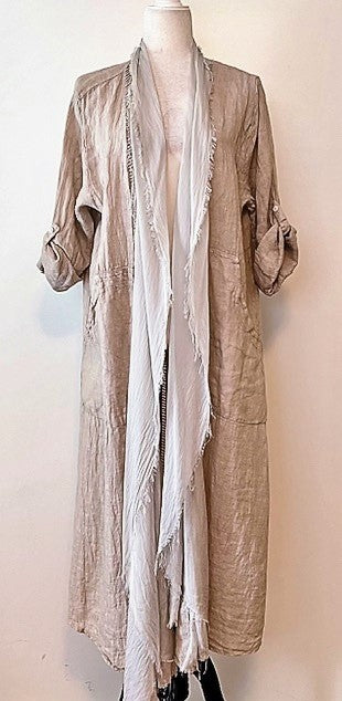 Long Italian Linen and Silk Duster Jacket With Frayed Edges, Beige