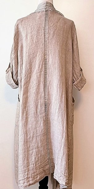 Long Italian Linen and Silk Duster Jacket With Frayed Edges, Beige