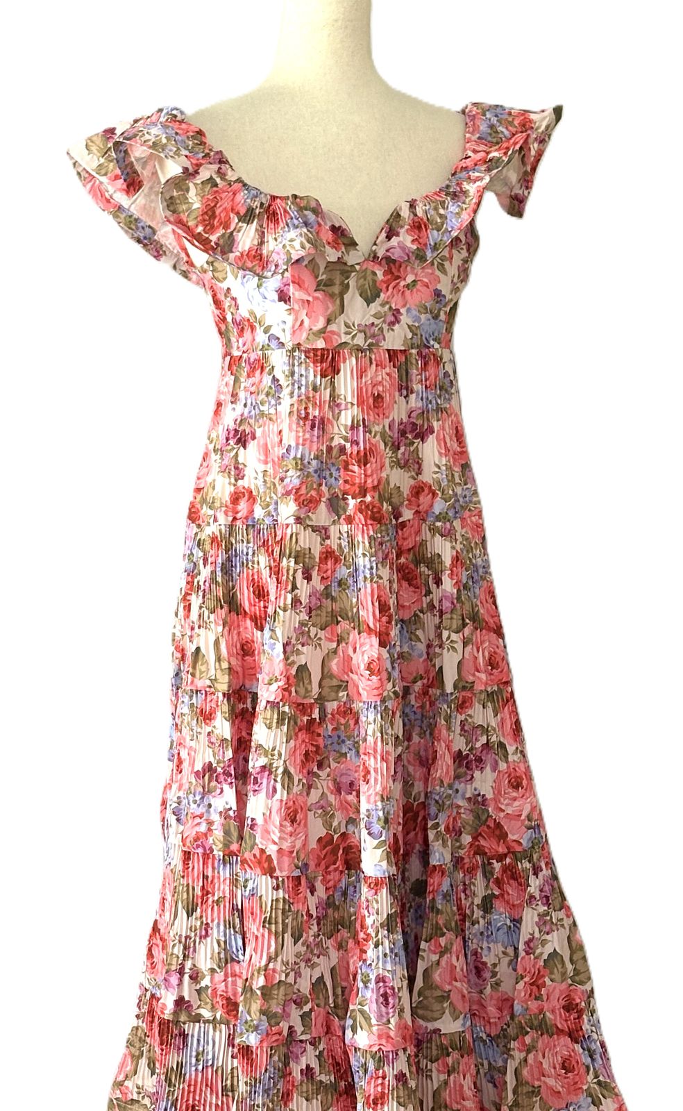 Dresses: Floral Print Tiered & Ruffled Pleats Midi Dress.