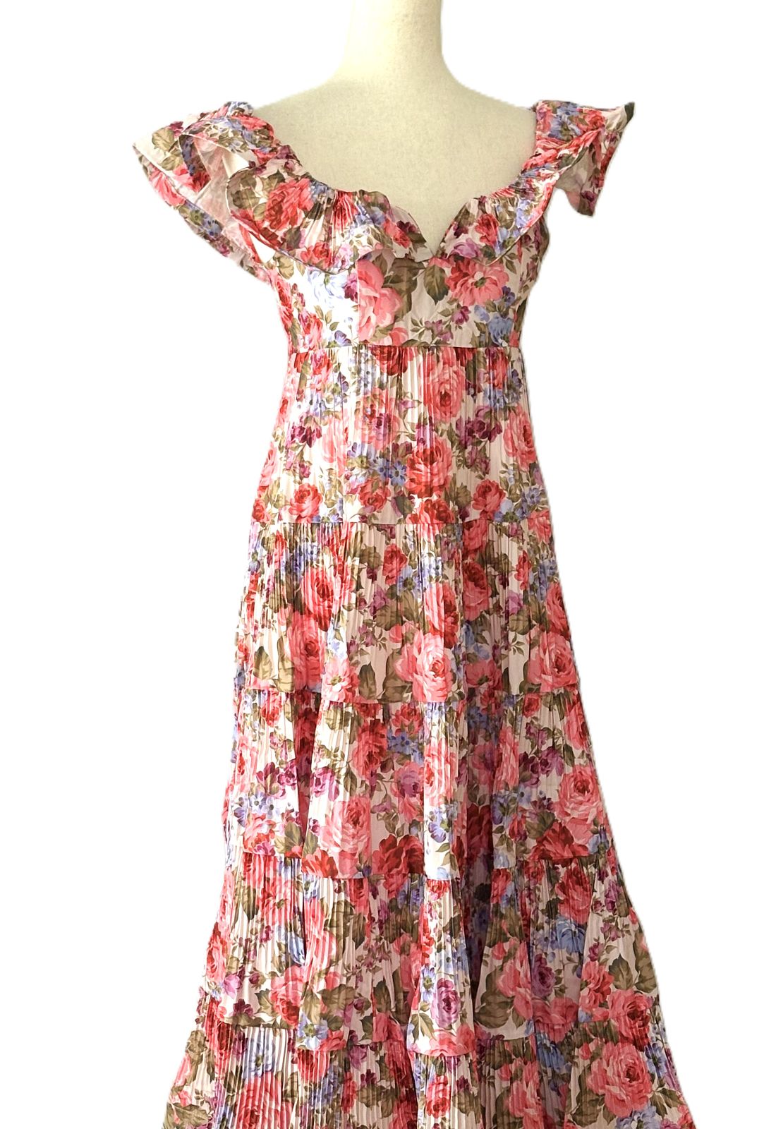 Dresses: Floral Print Tiered & Ruffled Pleats Midi Dress.