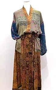 Mixed Print Silk Kimono Duster RTW Feel (Rust/Blue)