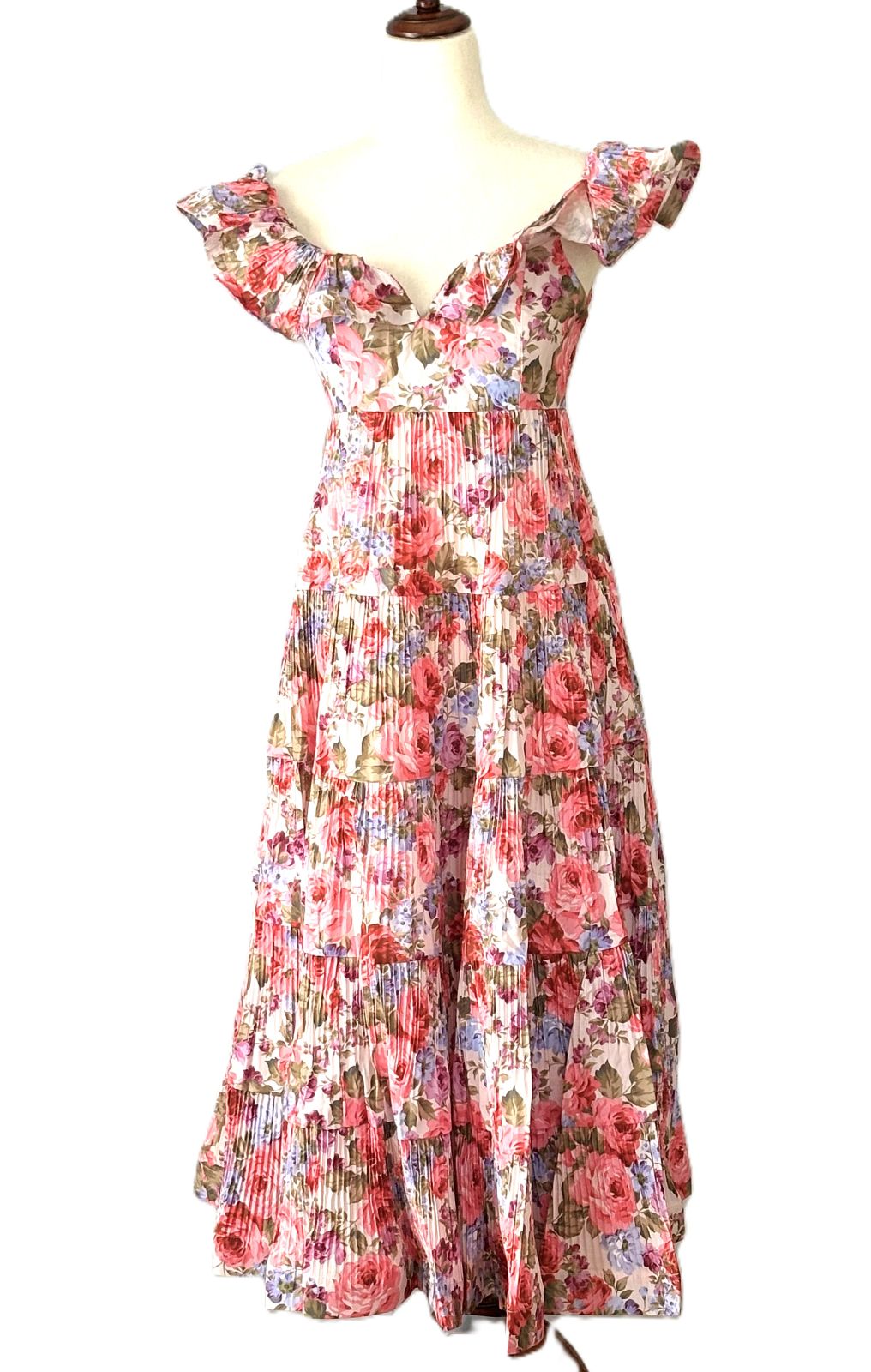 Dresses: Floral Print Tiered & Ruffled Pleats Midi Dress.