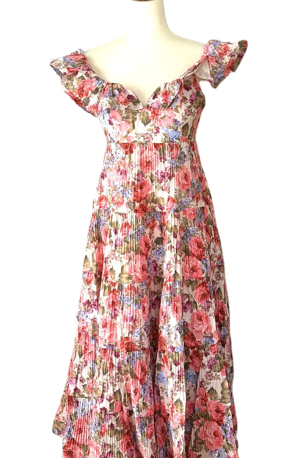 Dresses: Floral Print Tiered & Ruffled Pleats Midi Dress.