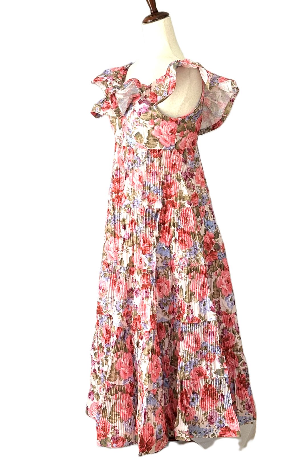 Dresses: Floral Print Tiered & Ruffled Pleats Midi Dress.