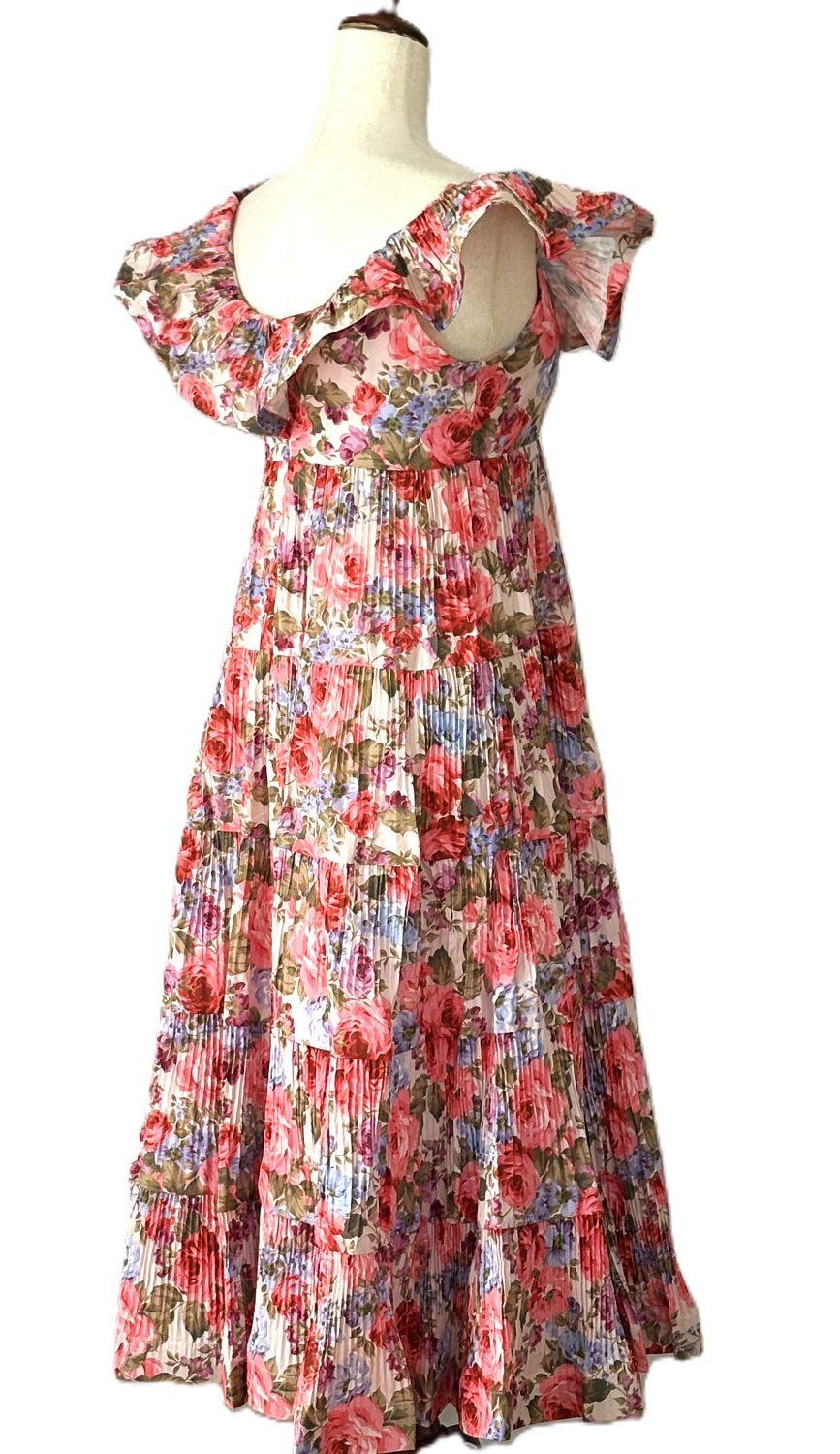 Dresses: Floral Print Tiered & Ruffled Pleats Midi Dress.