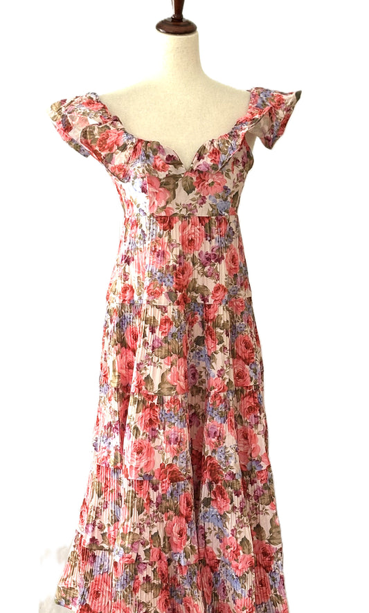 Dresses: Floral Print Tiered & Ruffled Pleats Midi Dress.