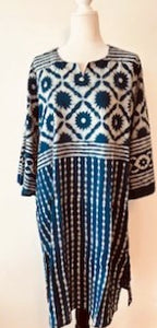 V-Neck Mixed Print Silk Tunic With A Twist (Turquoise/Navy)