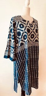 V-Neck Mixed Print Silk Tunic With A Twist (Avocado/Tangerine)
