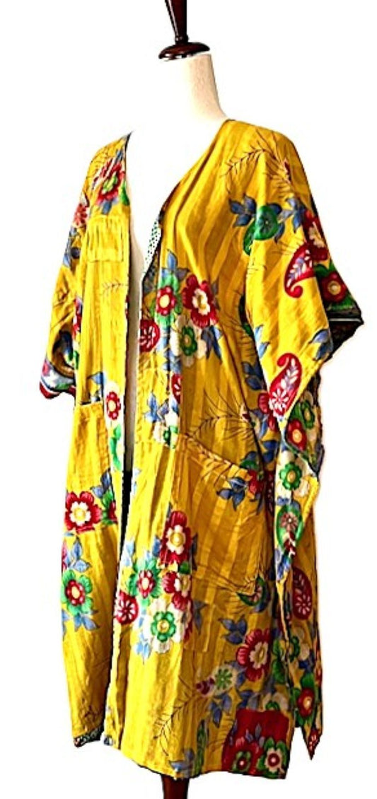 Kantha Bae Take It Easy Cotton Kimono, Fully Reversible. (Yellow Floral)
