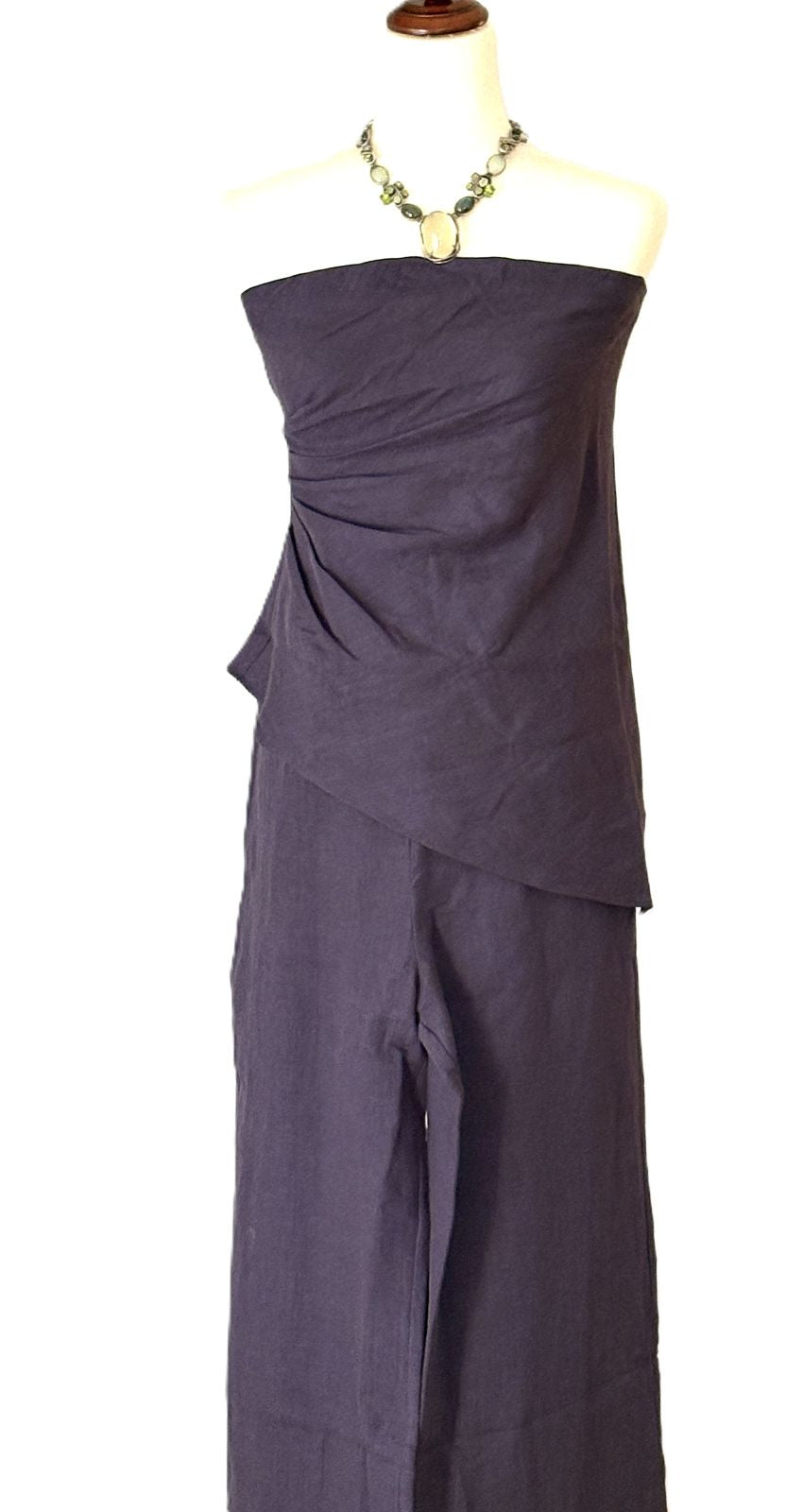 2 Piece Linen Pantset Features A Strapless Asymmetrical Top With Wide-Leg  Pants. (Navy)