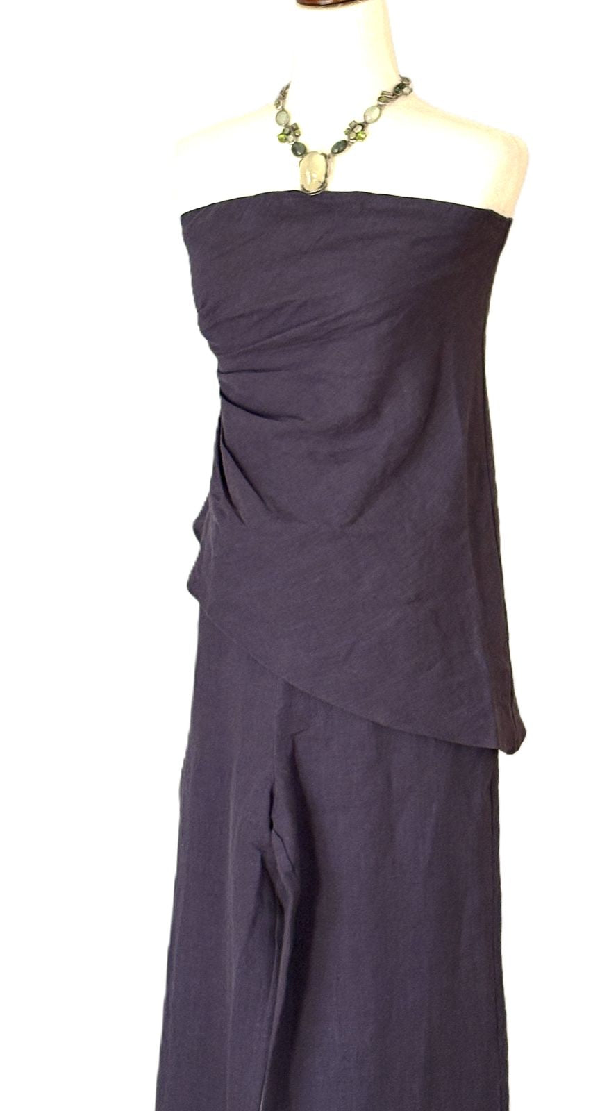 2 Piece Linen Pantset Features A Strapless Asymmetrical Top With Wide-Leg  Pants. (Navy)