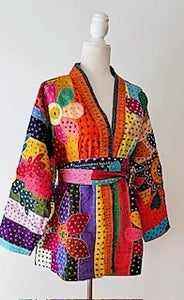 Spectacular Short Designer Patchwork Kimono. Vibrant Colors.