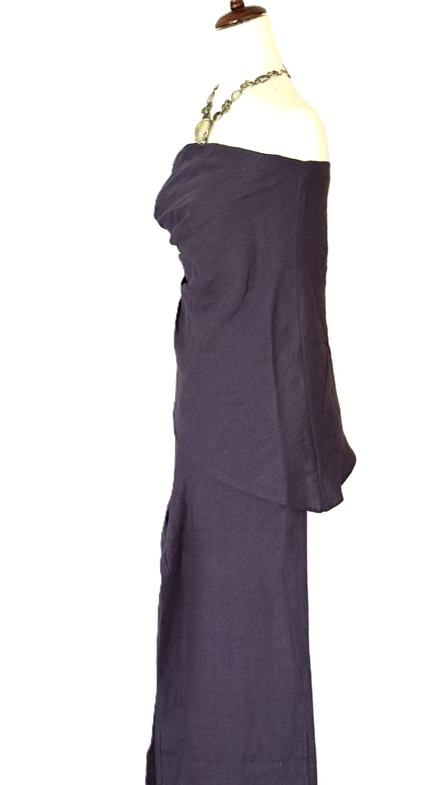 2 Piece Linen Pantset Features A Strapless Asymmetrical Top With Wide-Leg  Pants. (Navy)