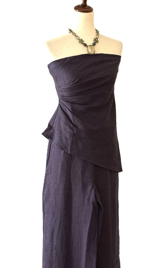 2 Piece Linen Pantset Features A Strapless Asymmetrical Top With Wide-Leg  Pants. (Navy)