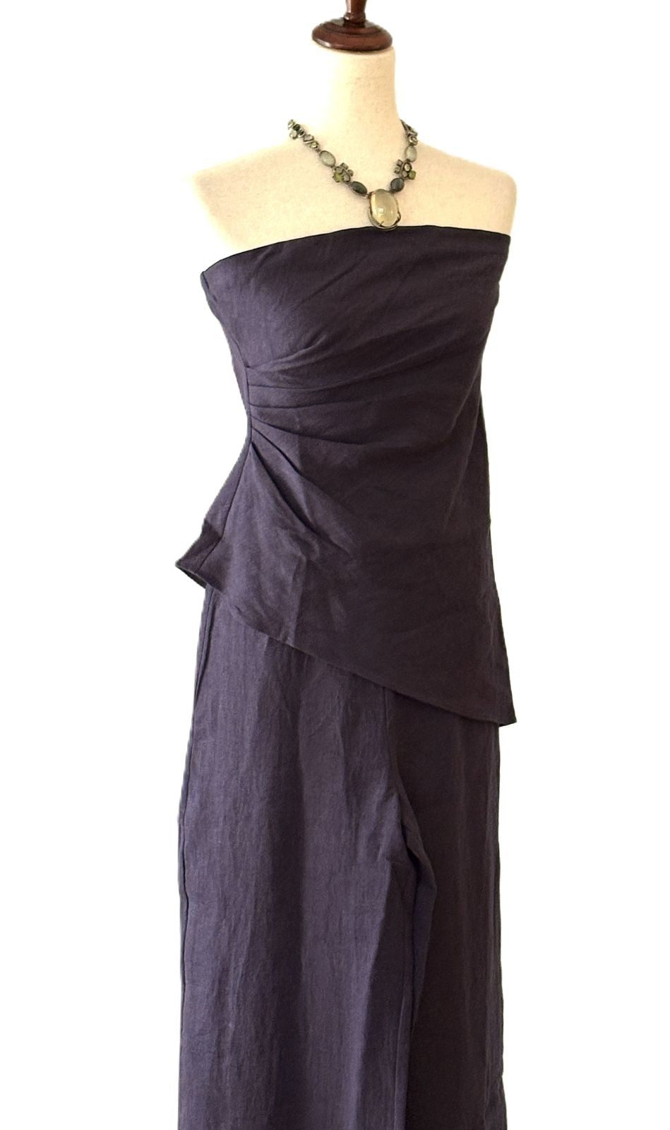 2 Piece Linen Pantset Features A Strapless Asymmetrical Top With Wide-Leg  Pants. (Navy)