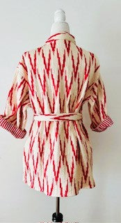 Lively Short Designer Kimono Jacket, Fully Reversible. (Red and White)