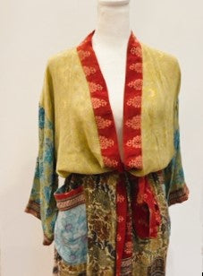 Luxury Mixed Print Silk Kimono Duster is Sophisticated (Mustard)