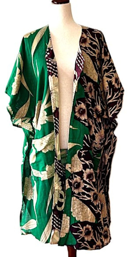 Kantha Bae Take It Easy Cotton Kimono, Fully Reversible. (Green Burgundy)