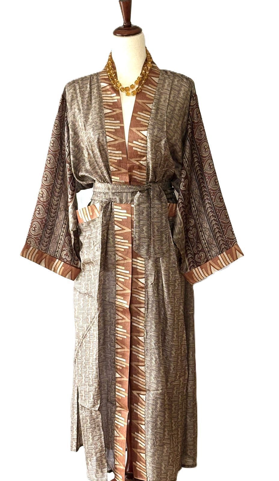 Signature Collection, Abstract Geometric Long Silk Kimono Duster With Specialty Trim