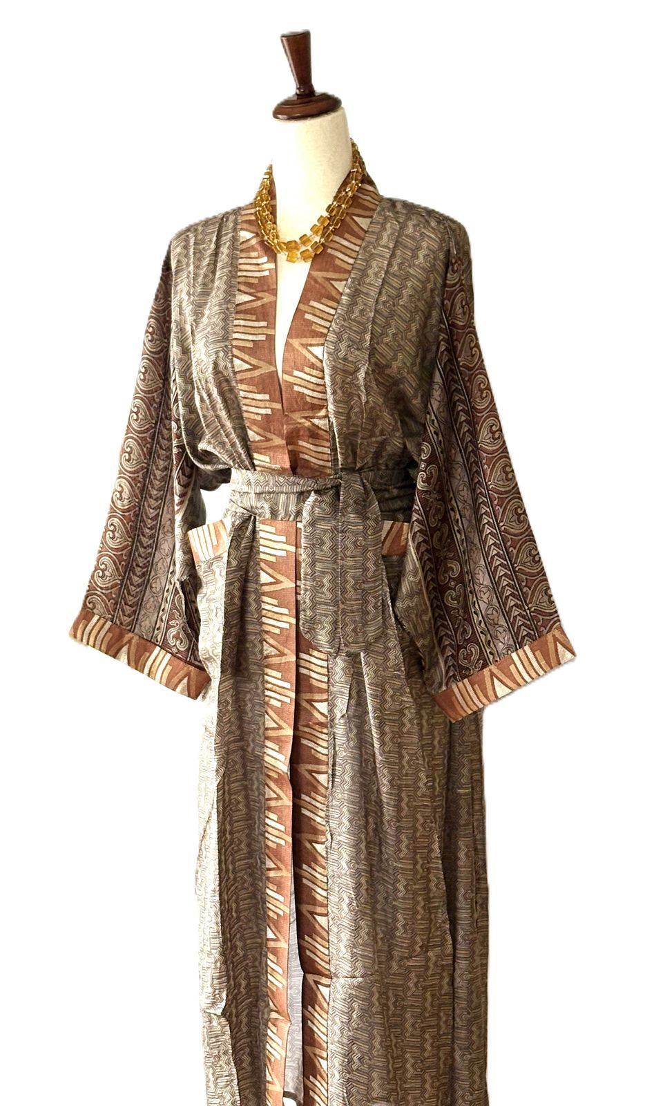 Signature Collection, Abstract Geometric Long Silk Kimono Duster With Specialty Trim