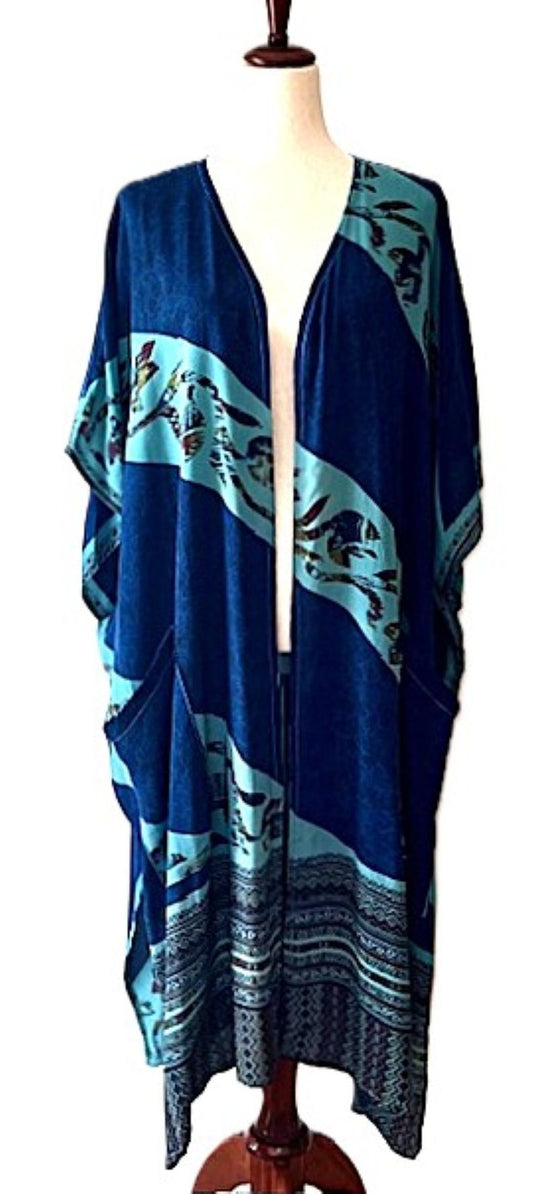Kantha Bae Silk Solstice Kimono, The Perfect Overwear Layer  (Navy Aqua)