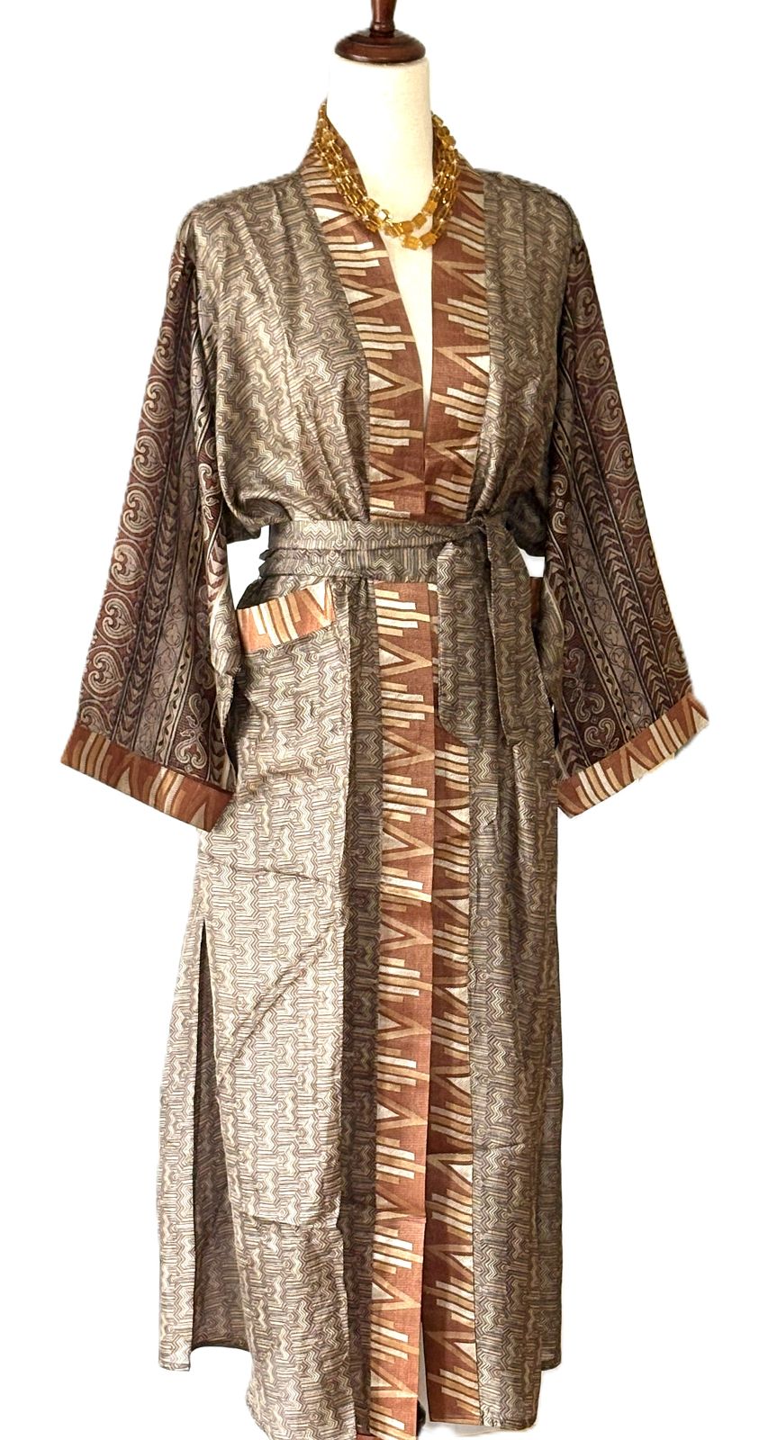 Signature Collection, Abstract Geometric Long Silk Kimono Duster With Specialty Trim