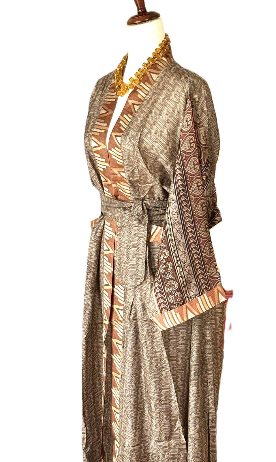 Signature Collection, Abstract Geometric Long Silk Kimono Duster With Specialty Trim