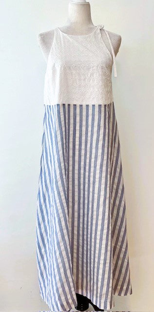 Cotton Eyelet Stripe Halter Tie  Maxi Dress