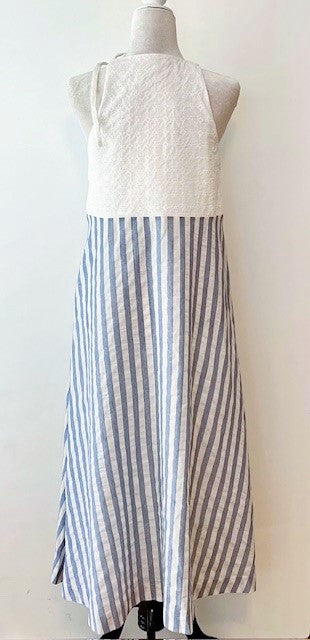 Cotton Eyelet Stripe Halter Tie  Maxi Dress