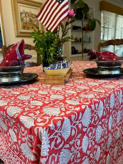 Handmade Block Print Table Cloth is a Favorite For The Season. (Red White)