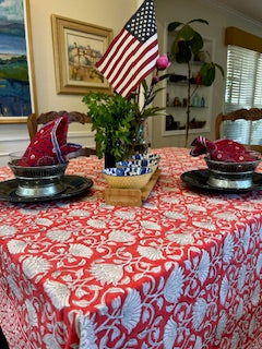 Handmade Block Print Table Cloth is a Favorite For The Season. (Red White)