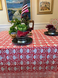 Handmade Block Print Table Cloth is a Favorite For The Season. (Red White)