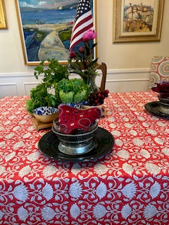 Handmade Block Print Table Cloth is a Favorite For The Season. (Red White)