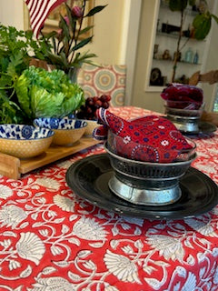 Handmade Block Print Table Cloth is a Favorite For The Season. (Red White)