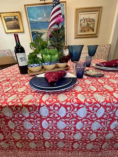 Handmade Block Print Table Cloth is a Favorite For The Season. (Red White)