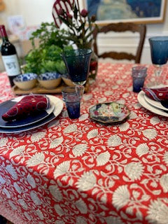 Handmade Block Print Table Cloth is a Favorite For The Season. (Red White)