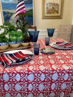 Handmade Block Print Table Cloth is a Favorite For The Season. (Red White)