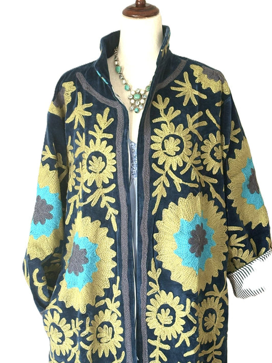 Specialty Collection, Long Velvet Hand Embroidered Suzani Jacket (Navy)