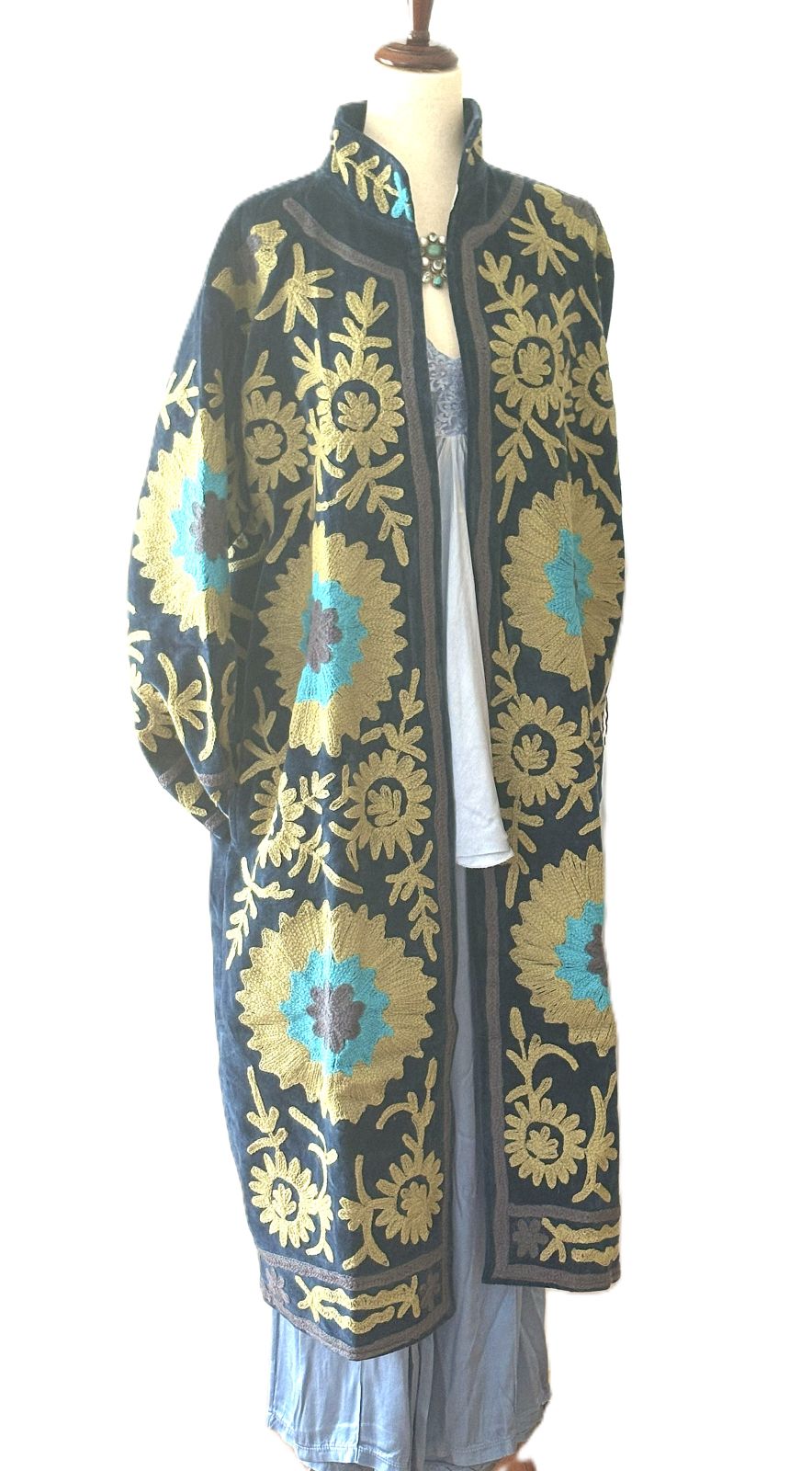 Specialty Collection, Long Velvet Hand Embroidered Suzani Jacket (Navy)
