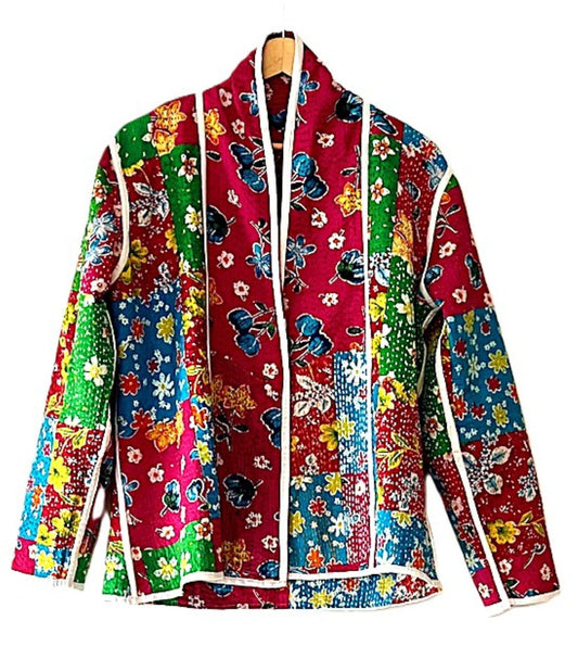 Jackets, Fully Reversible Short Quilted Jacket With Kantha Stitching. Beautiful Colors.