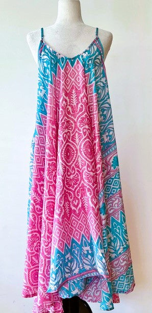 Kantha Bae Flowing Silk Slip Dress (Turquoise and Pink)