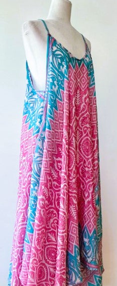 Kantha Bae Flowing Silk Slip Dress (Turquoise and Pink)