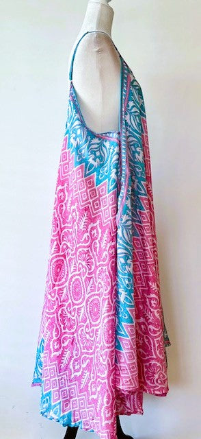 Kantha Bae Flowing Silk Slip Dress (Turquoise and Pink)