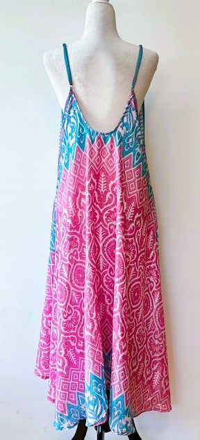 Kantha Bae Flowing Silk Slip Dress (Turquoise and Pink)