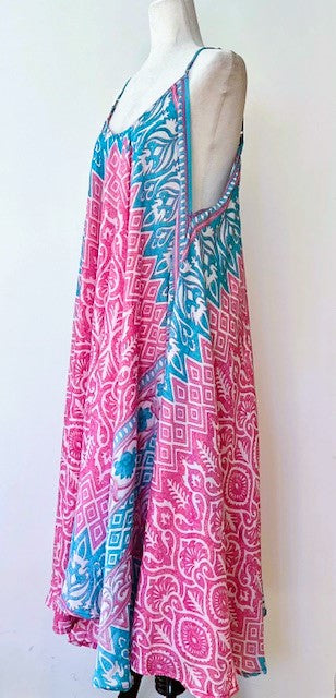 Kantha Bae Flowing Silk Slip Dress (Turquoise and Pink)