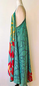 Mixed Print Silk Midi Dress: Comfy, Slimming, and Unique (Purple/Green)