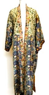 Silk Kimono Duster In a Water Color Print (Navy/Bronze)