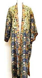 Silk Kimono Duster In a Water Color Print (Navy/Bronze)