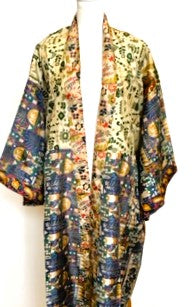 Silk Kimono Duster In a Water Color Print (Navy/Bronze)